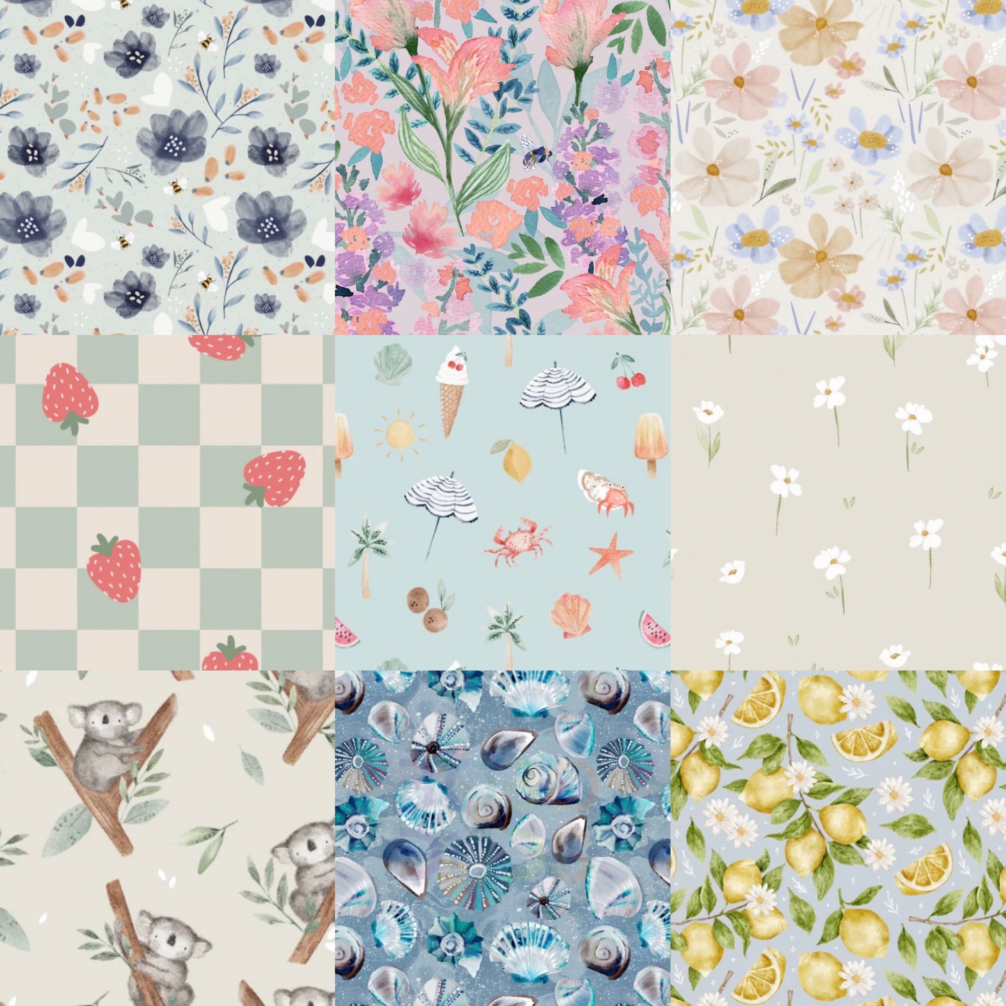 A collection of nine different patterns, each in a square. The designs include blue flowers, pink florals, dainty yellow flowers, a checkered pattern with strawberries, ice cream and seashells, koalas among leaves, seashells on a blue background, and lemons with green leaves